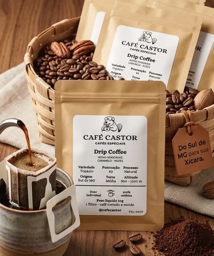 Sachês kraft de drip coffee Café Castor em uma cesta