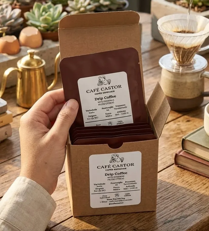 Caixa de drip coffee Castor Icatu Fermentado aberta com sachês