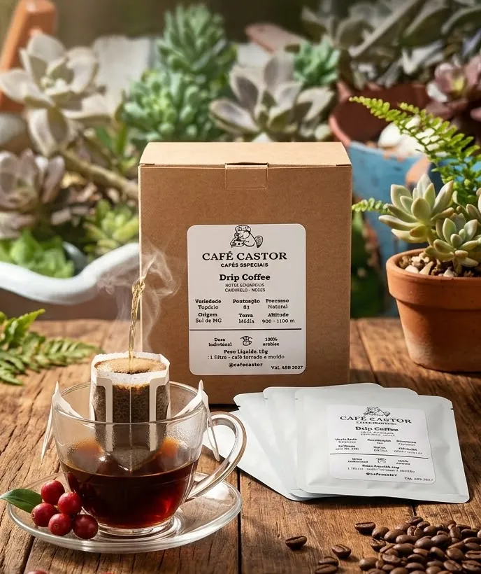Caixa kraft de drip coffee Café Castor com sachês e xícara